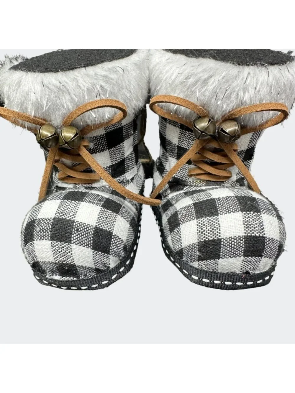 Christmas Holiday Santa Boots Ornament Buffalo Plaid Check Faux Fur Trim Bells
